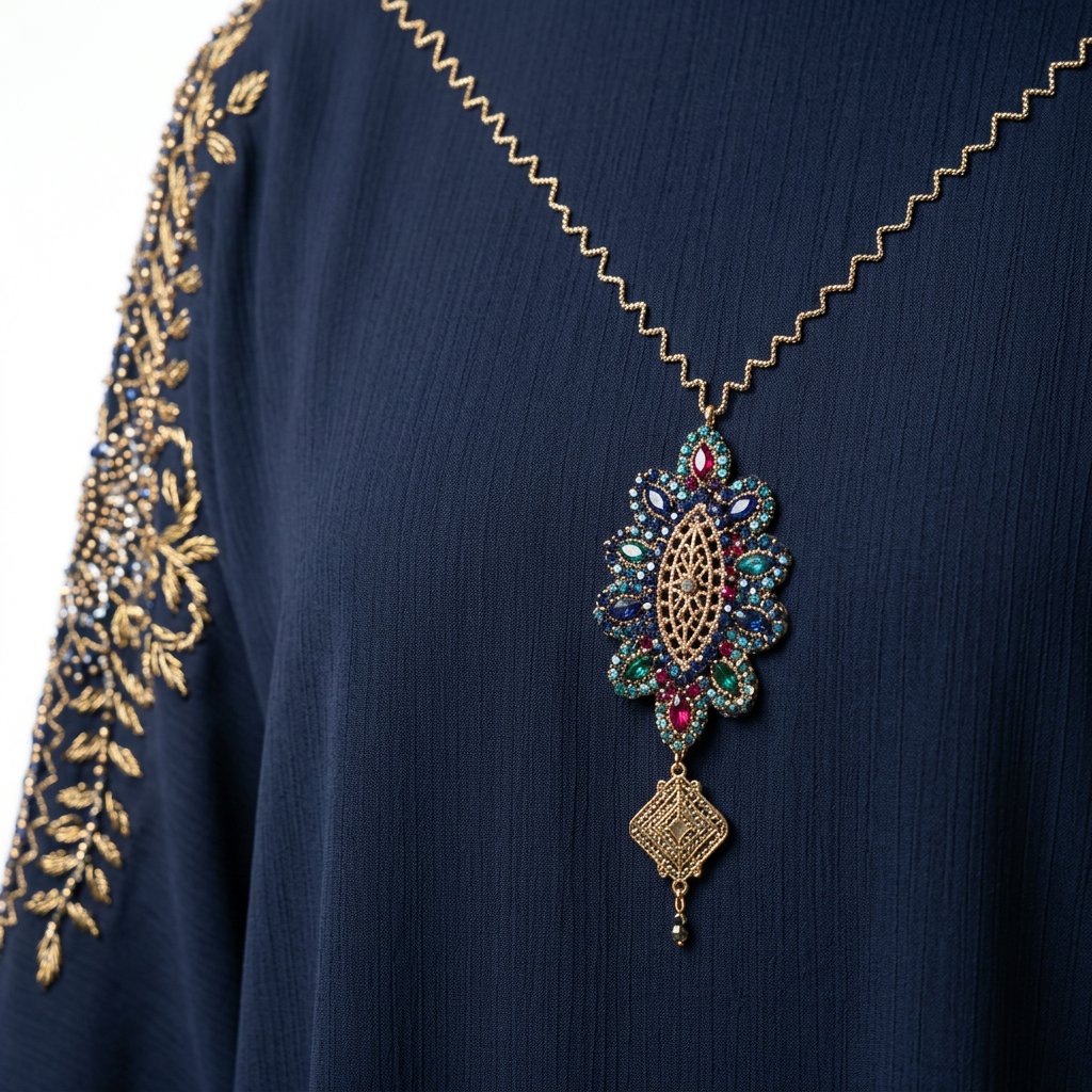 Navy Blue Gold Zigzag Pendant Abaya