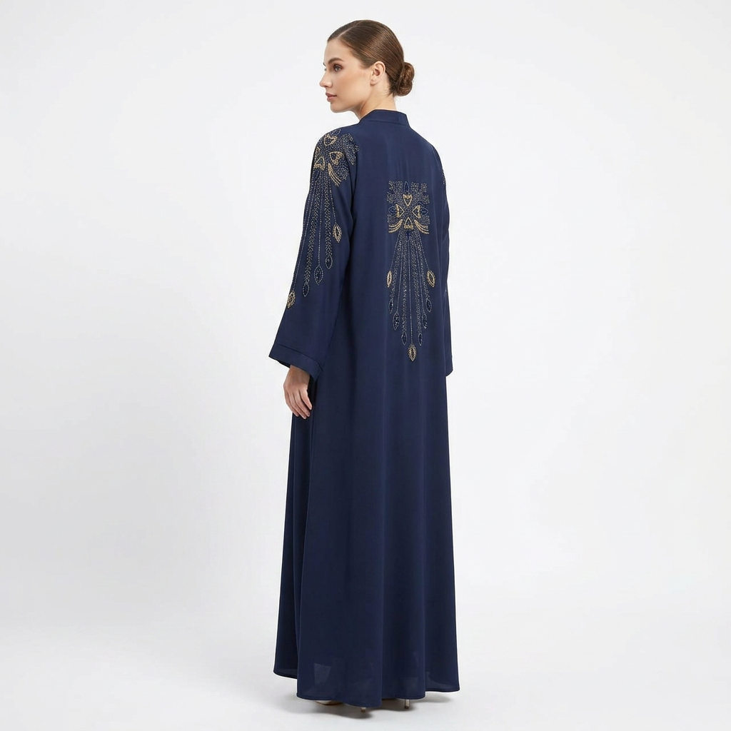 Navy Blue Abaya with Gold Beaded Embroidery