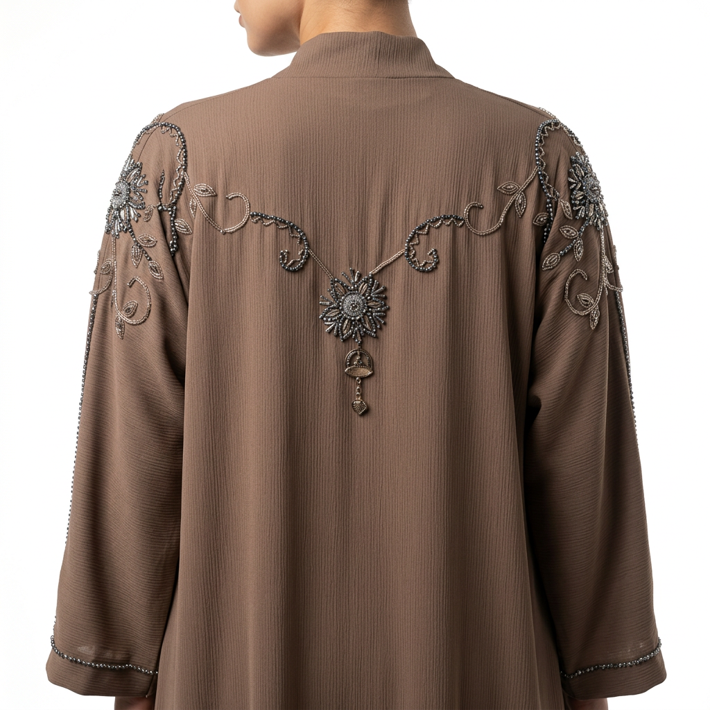 Mocha Brown Silver Sunburst Swirl Shoulder Abaya