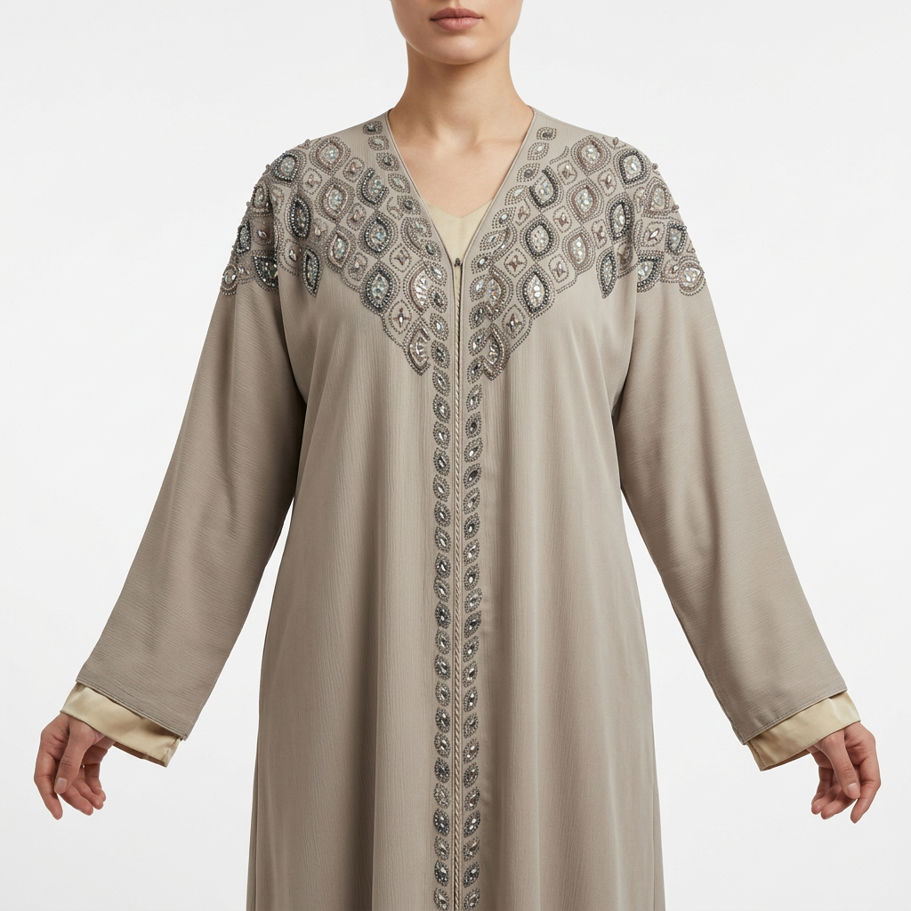 Taupe Silver Crystal Diamond Shoulder Abaya