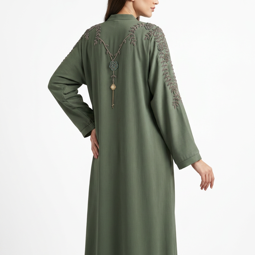 Olive Green Silver Willow Shoulder Pendant Abaya