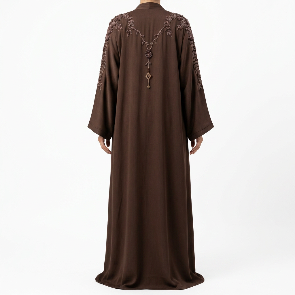 Dark Brown Tonal Leaf Shoulder Pendant Abaya