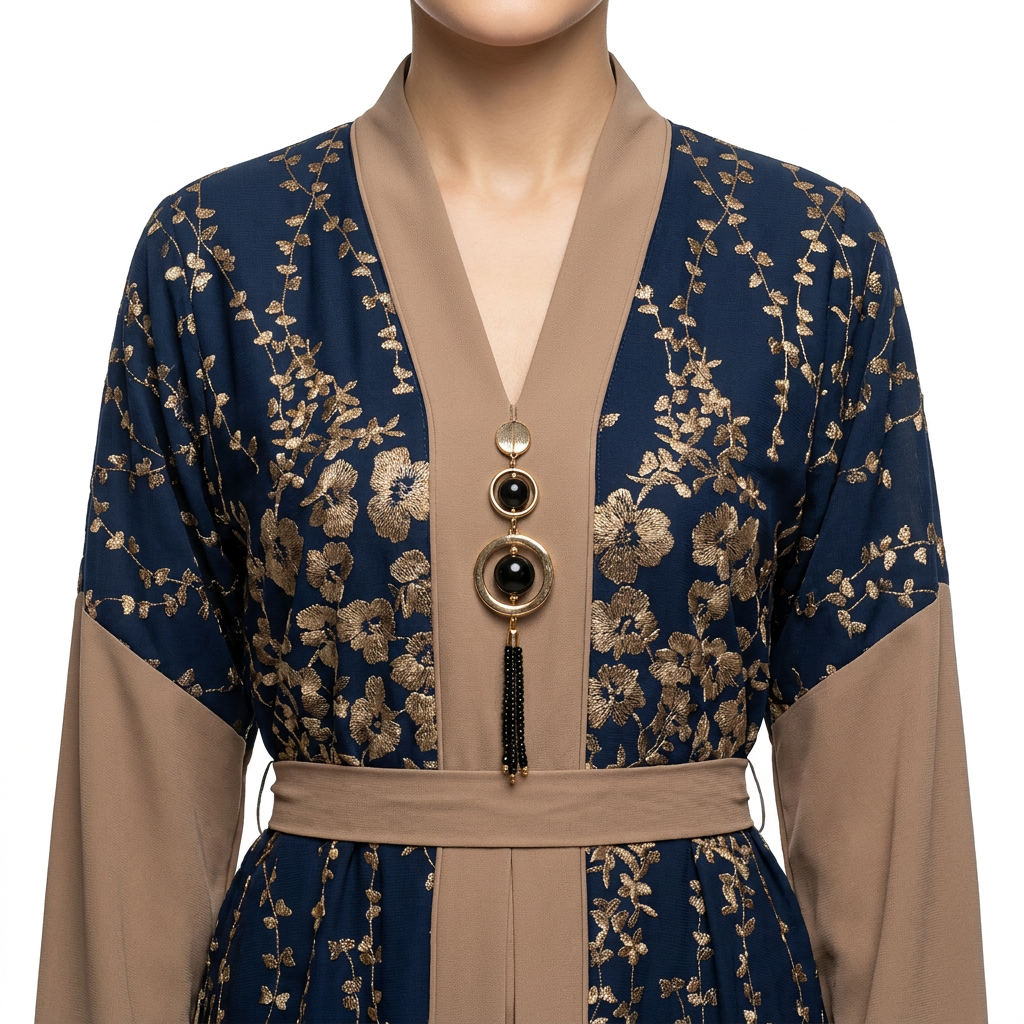 Navy Blue Gold Jacquard Floral Two-Tone Abaya with Statement Pendant Belt