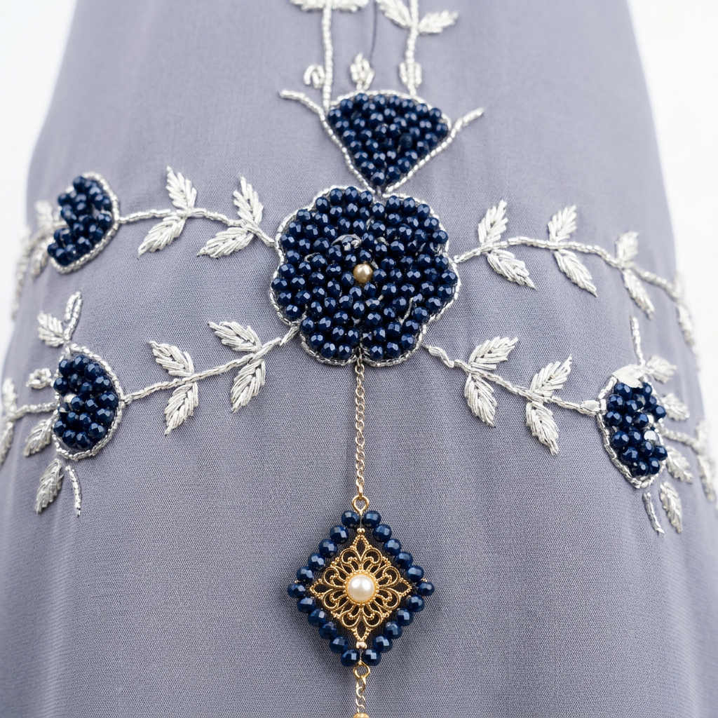 Grey Blue Floral Beaded Abaya