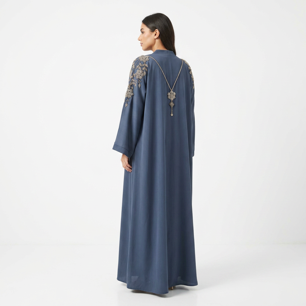 Steel Blue Gold Crystal Floral Vine Chain Abaya