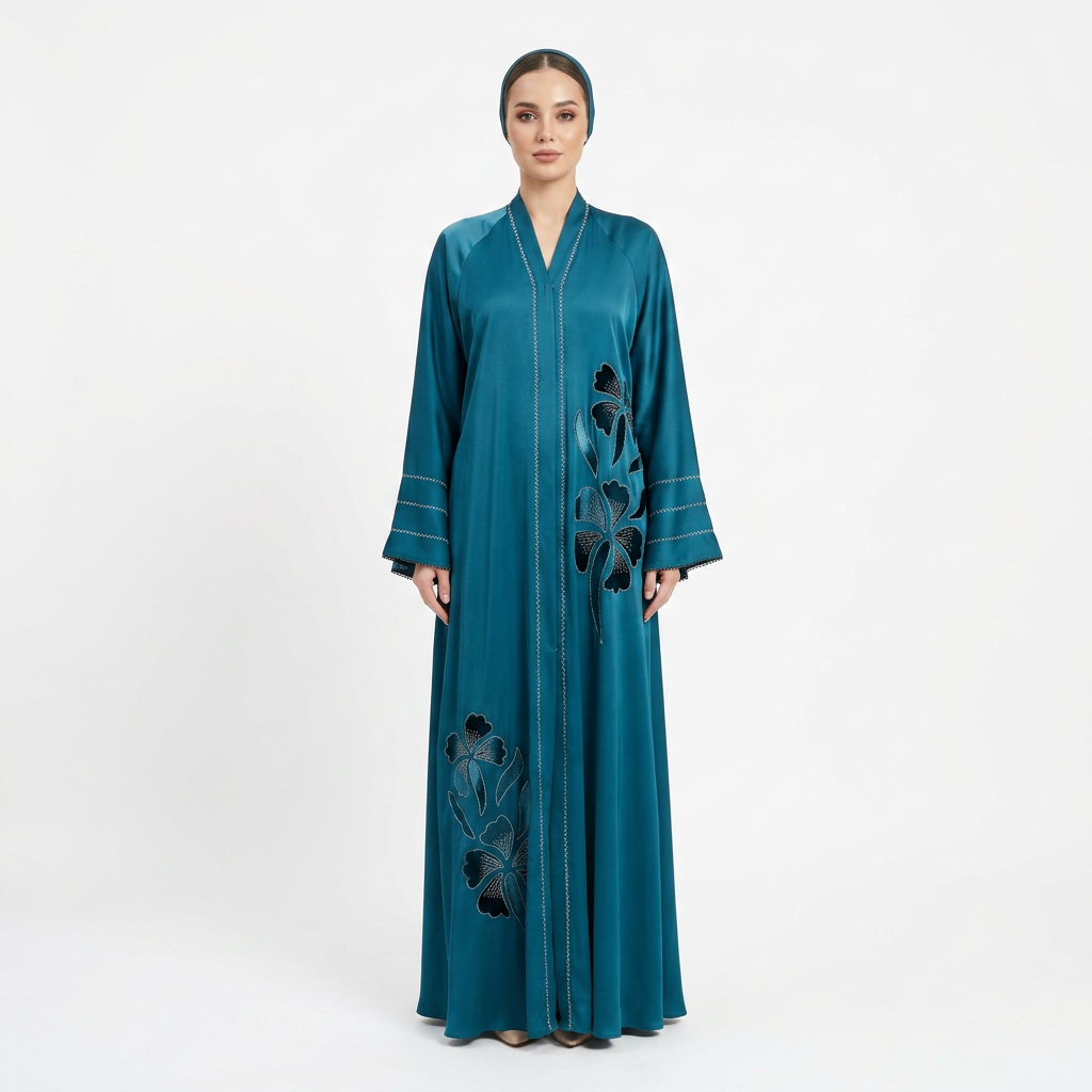Teal Blue Satin Tonal Iris Ruffle Sleeve Abaya