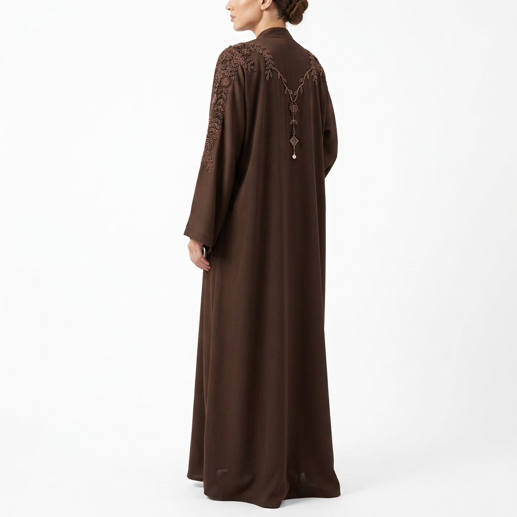 Dark Brown Tonal Leaf Shoulder Pendant Abaya