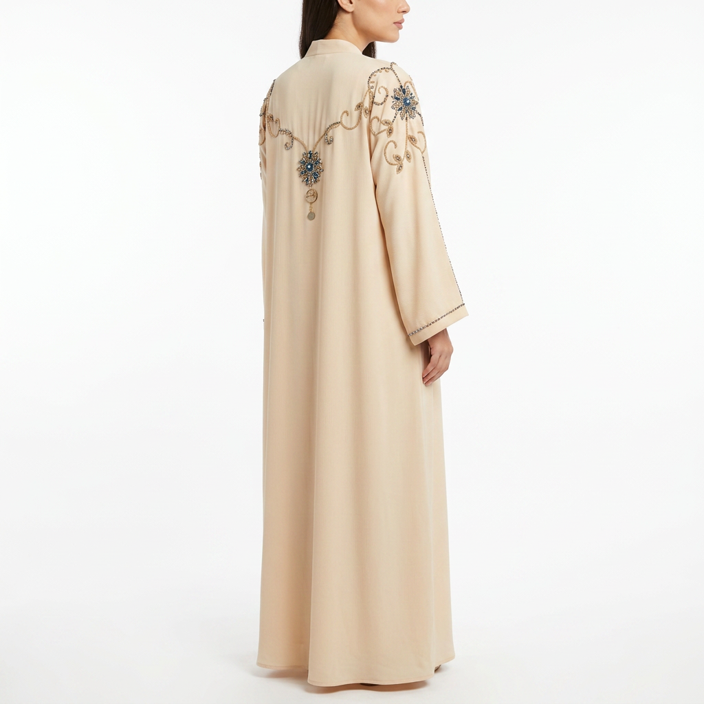 Cream Gold Turquoise Swirl Shoulder Abaya