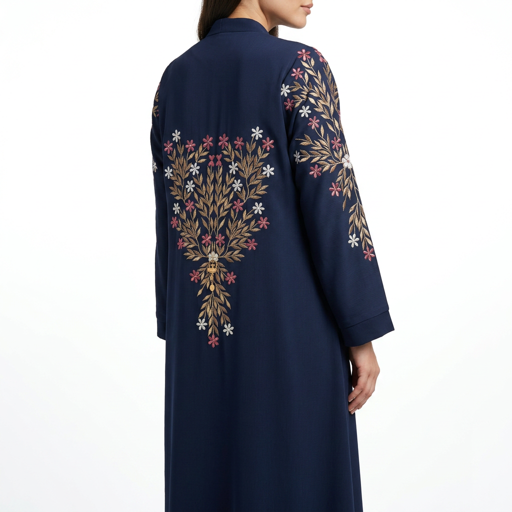 Navy Blue Gold Pink Floral Tree Embroidered Back Abaya