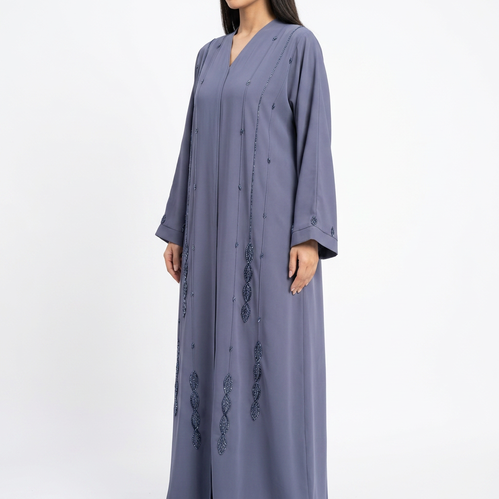 Steel Blue Tonal Cascading Leaf Stripe Abaya