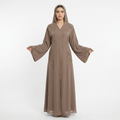 Mocha Brown Gold Leaf Beaded Embroidered Hooded Open Abaya