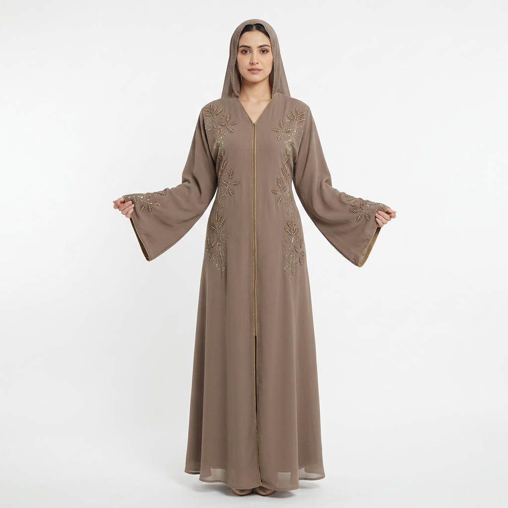 Mocha Brown Gold Leaf Beaded Embroidered Hooded Open Abaya