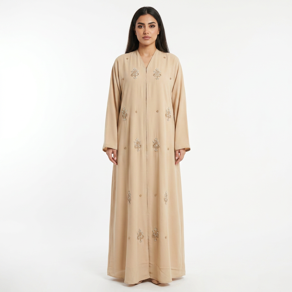 Sand Beige Silver Crystal Tree Motif Scattered Abaya