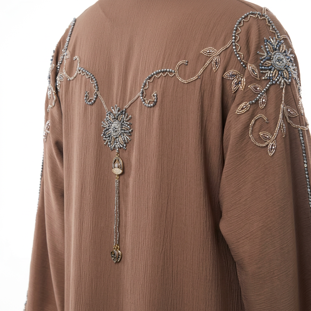 Mocha Brown Silver Sunburst Swirl Shoulder Abaya