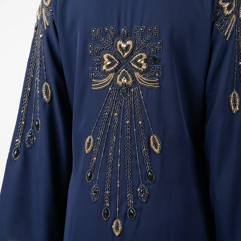 Navy Blue Gold Beaded Chandelier Embroidered Luxury Open Abaya