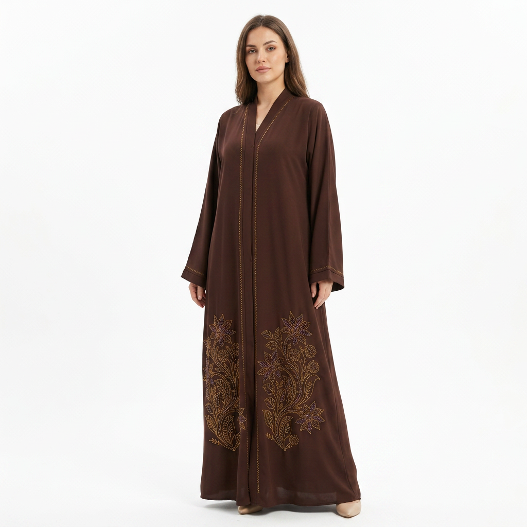 Dark Brown Gold Purple Lily Bouquet Hem Abaya