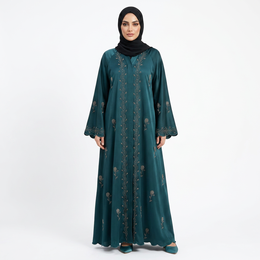 Emerald Green Gold Silver Scattered Floral Vine Abaya