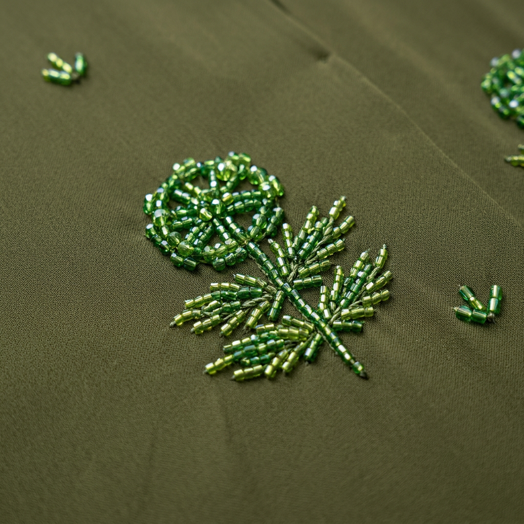 Olive Green Tonal Leaf Tree Scattered Abaya