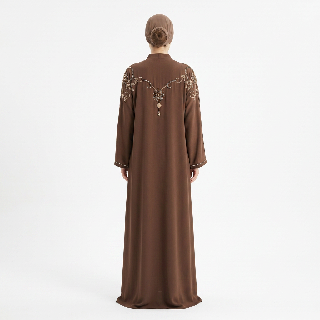 Dark Brown Gold Silver Crystal Swirl Shoulder Abaya