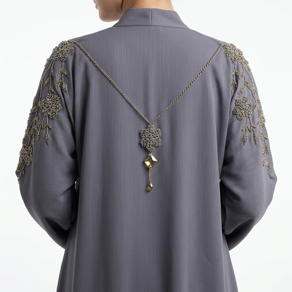 Grey Silver Crystal Floral Shoulder Chain Abaya