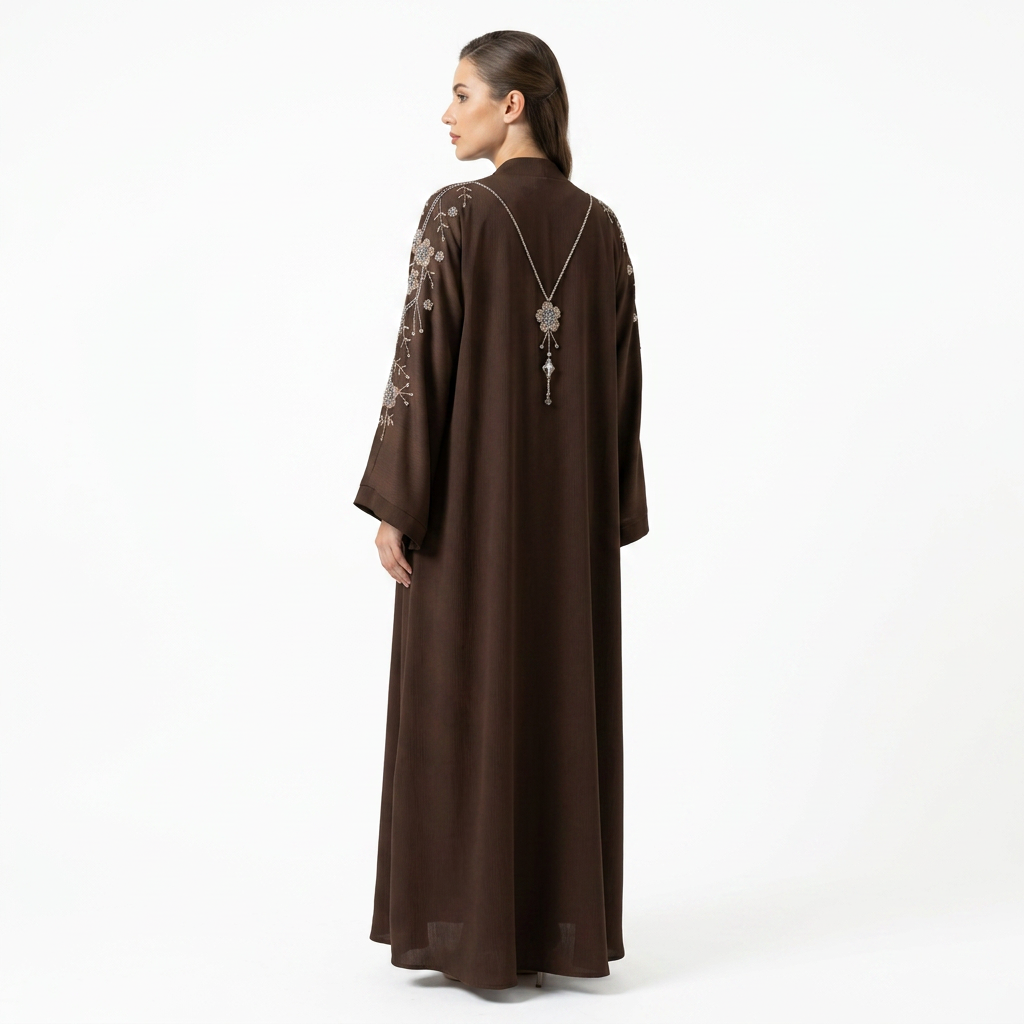 Dark Chocolate Brown Gold Floral Pendant Abaya