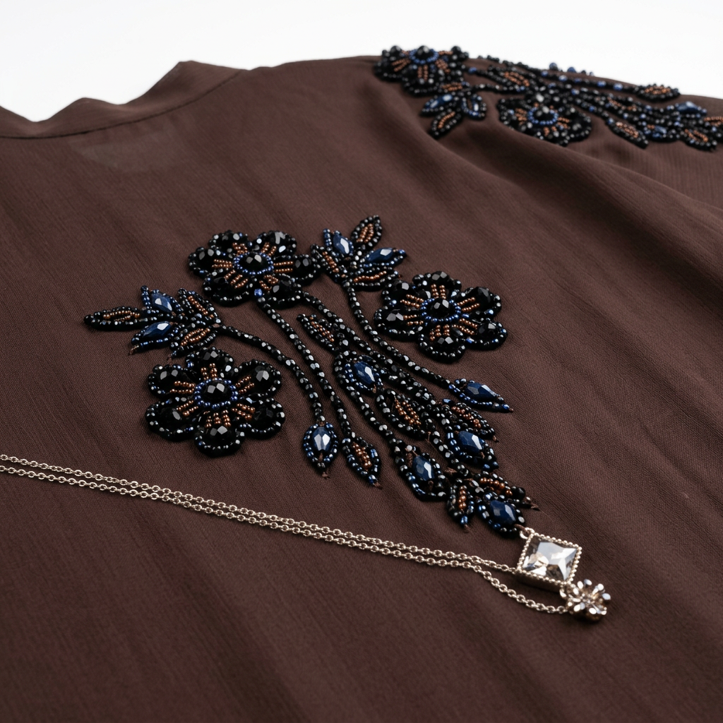 Dark Brown Black Copper Floral Bouquet Shoulder Abaya