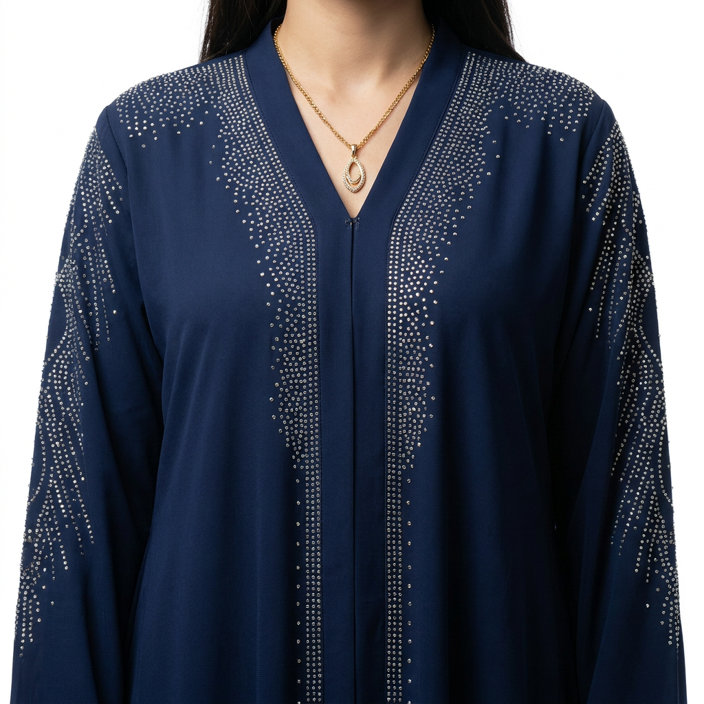 Navy Blue Gold Scattered Motif Crystal Embroidered Open Abaya with Rope Belt