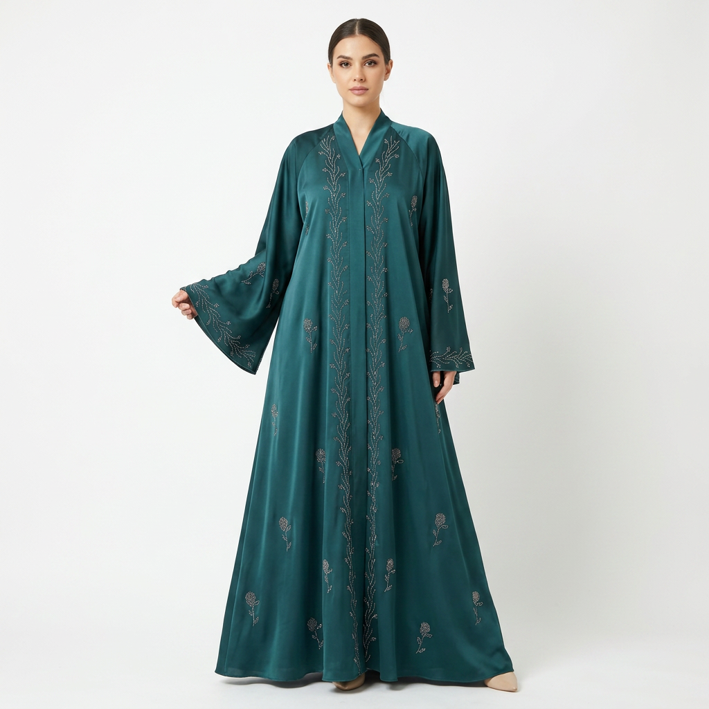 Emerald Green Gold Silver Scattered Floral Vine Abaya
