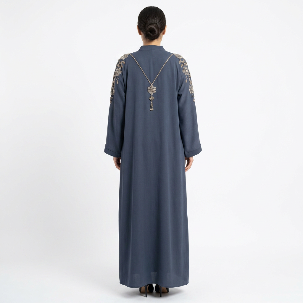 Steel Blue Gold Crystal Floral Vine Chain Abaya