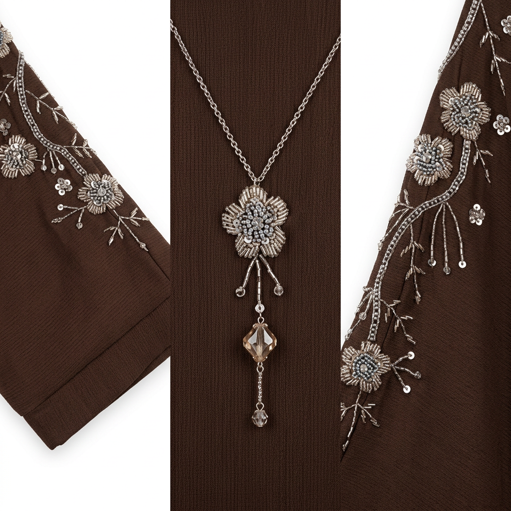 Dark Chocolate Brown Gold Floral Pendant Abaya