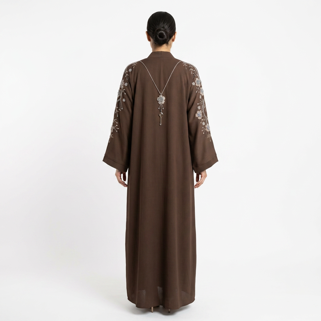 Dark Chocolate Brown Gold Floral Pendant Abaya