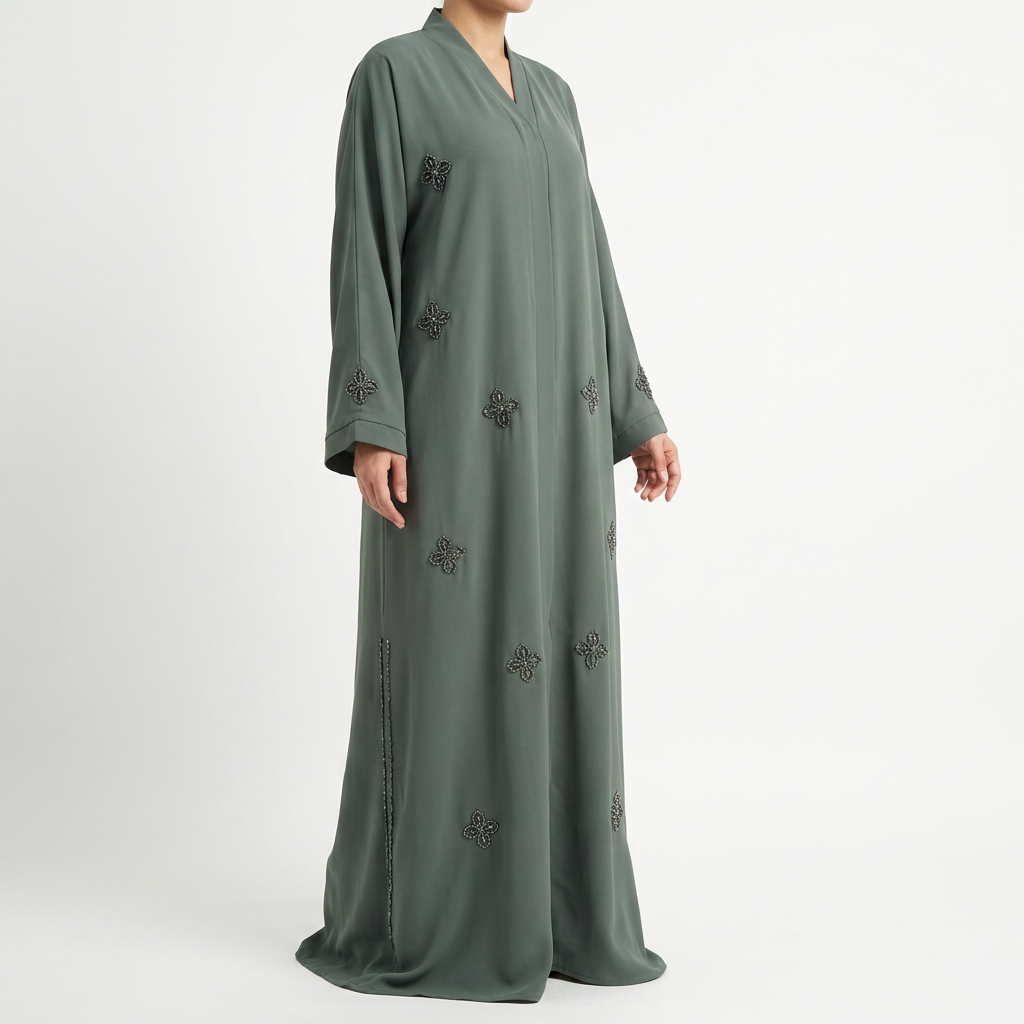 Sage Green Silver Crystal Four Petal Scattered Abaya