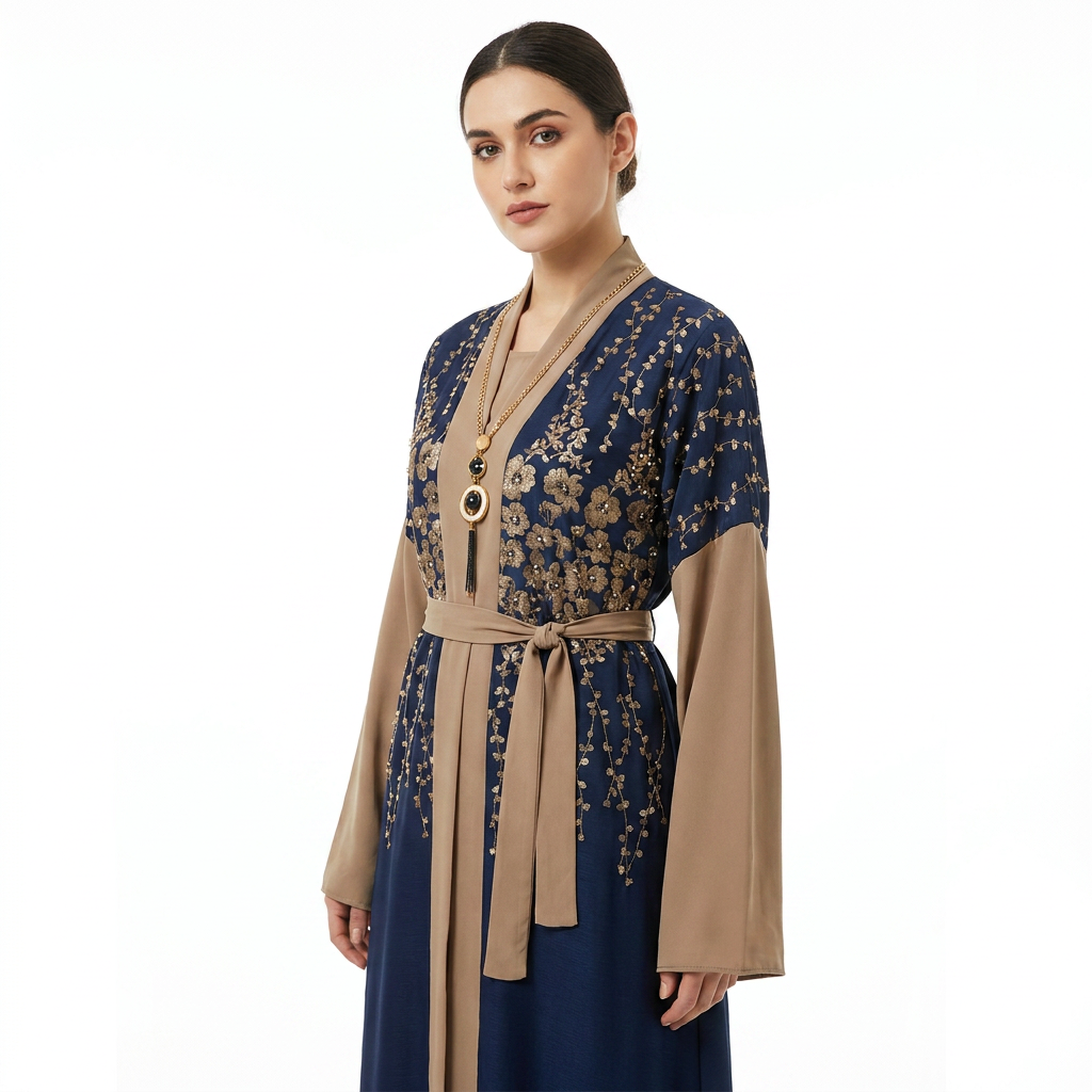 Navy Blue Gold Jacquard Floral Two-Tone Abaya with Statement Pendant Belt