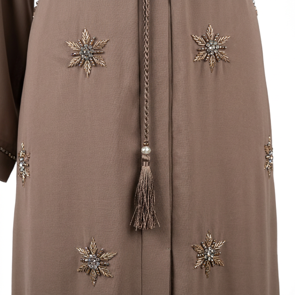 Mink Brown Gold Crystal Starburst Embroidered Open Abaya with Tassel Rope Belt
