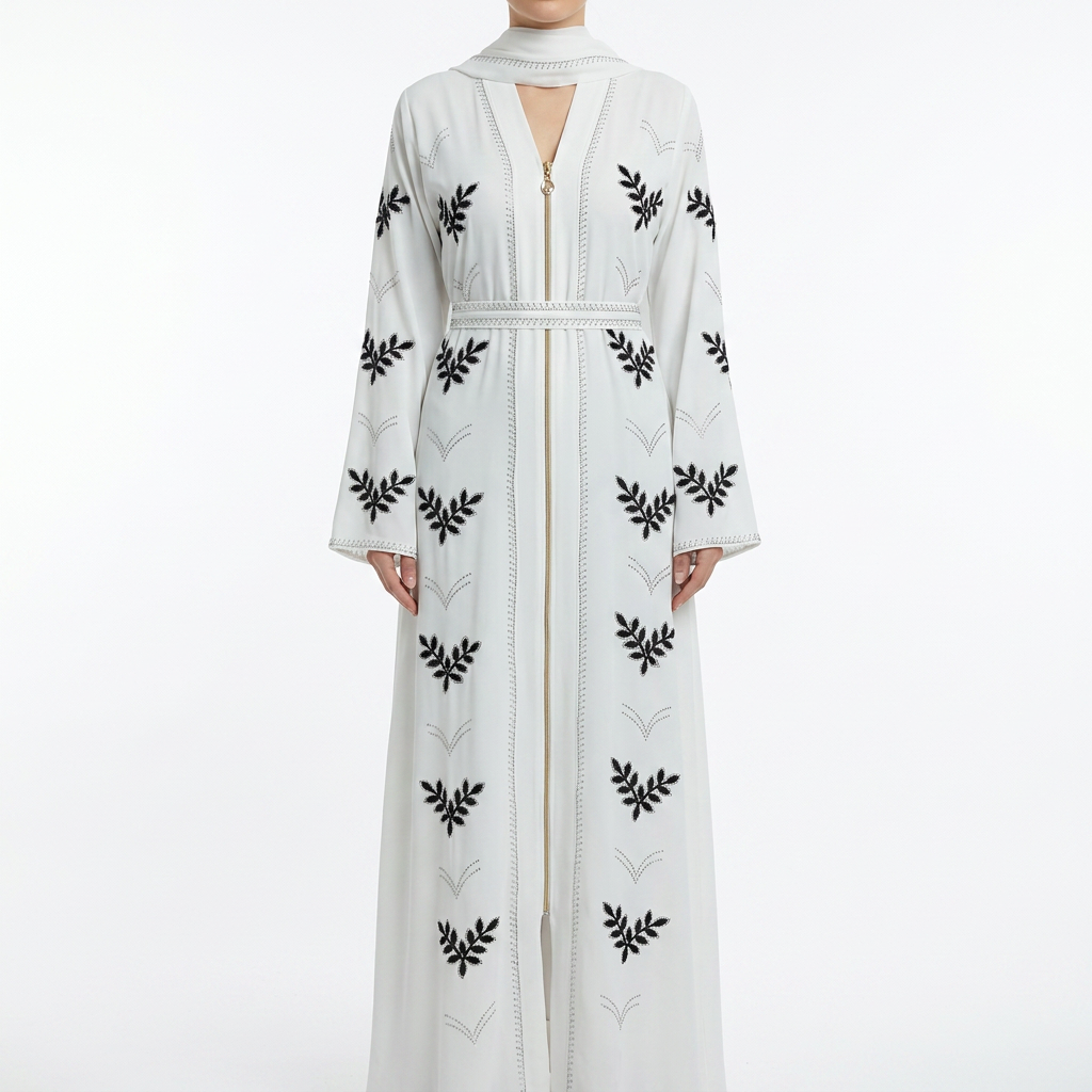 White Black Leaf Embroidered Zip Front Open Abaya with Braided Belt