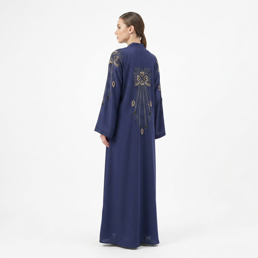 Navy Blue Gold Beaded Chandelier Embroidered Luxury Open Abaya