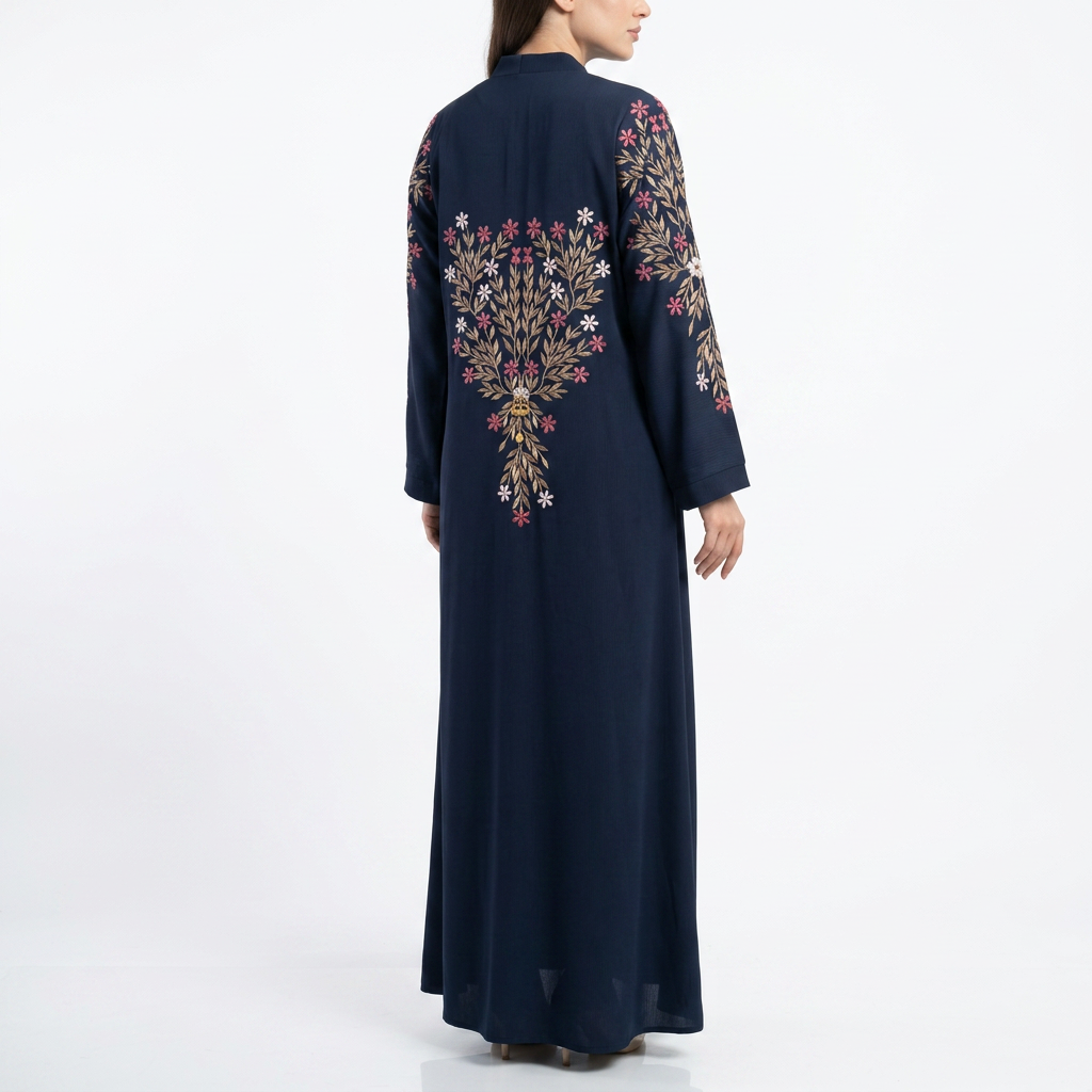 Navy Blue Gold Pink Floral Tree Embroidered Back Abaya