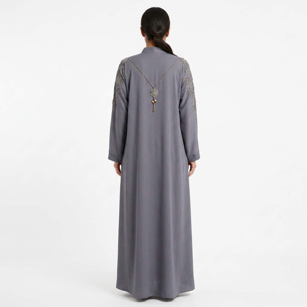 Grey Silver Crystal Floral Shoulder Chain Abaya