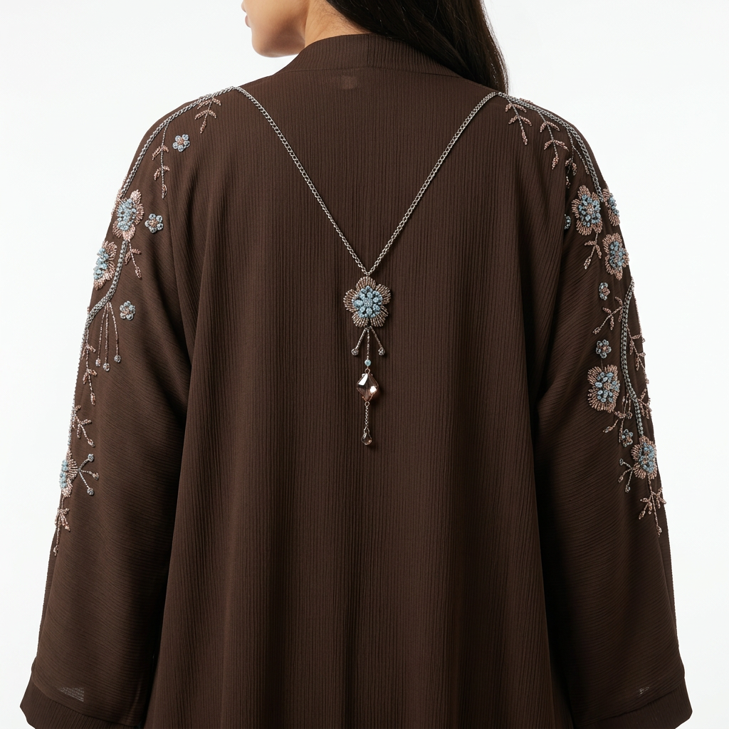 Dark Chocolate Brown Gold Floral Pendant Abaya