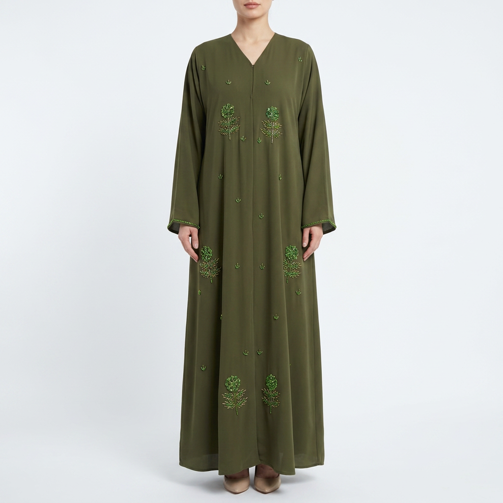 Olive Green Tonal Leaf Tree Scattered Abaya
