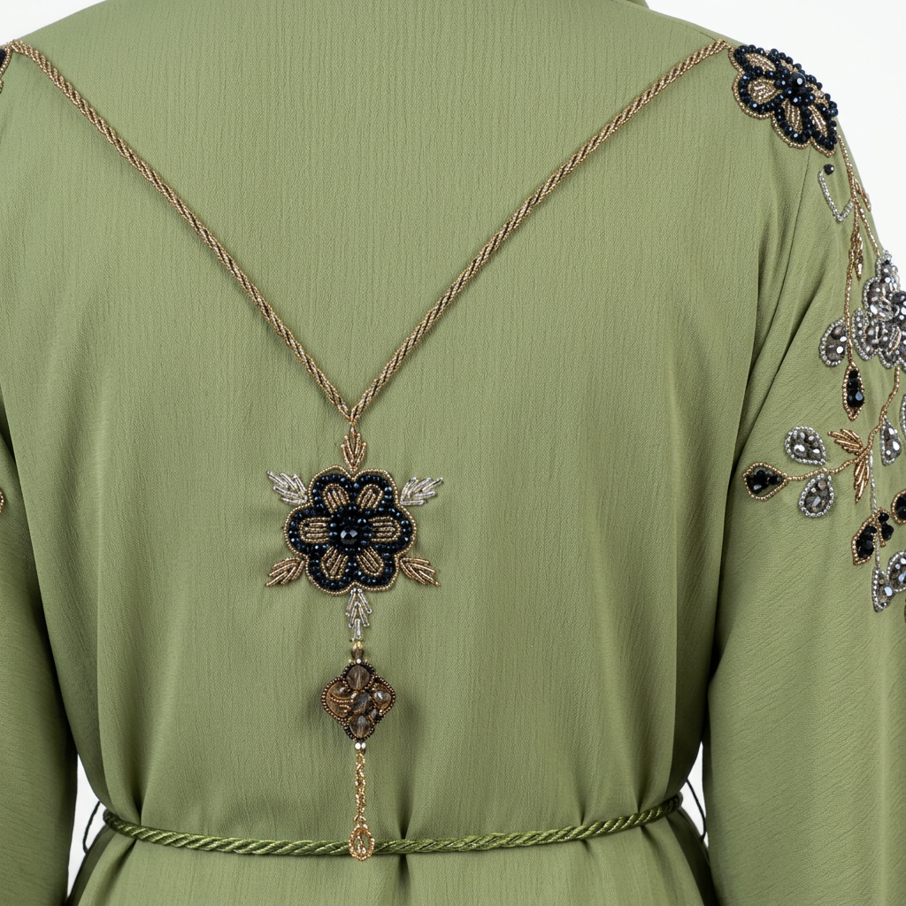 Sage Green Crystal Floral Embroidered Abaya with Back Chain Necklace Detail