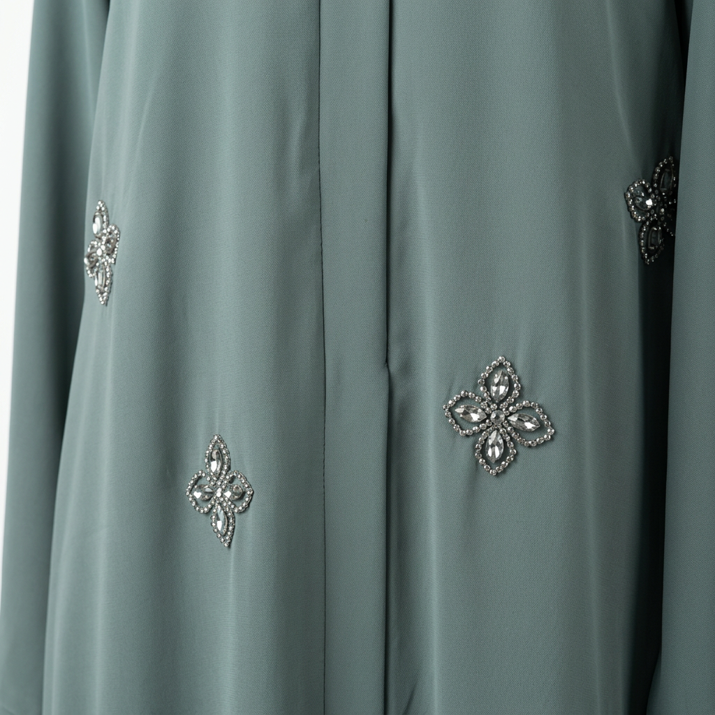 Sage Green Crystal Four Petal Abaya