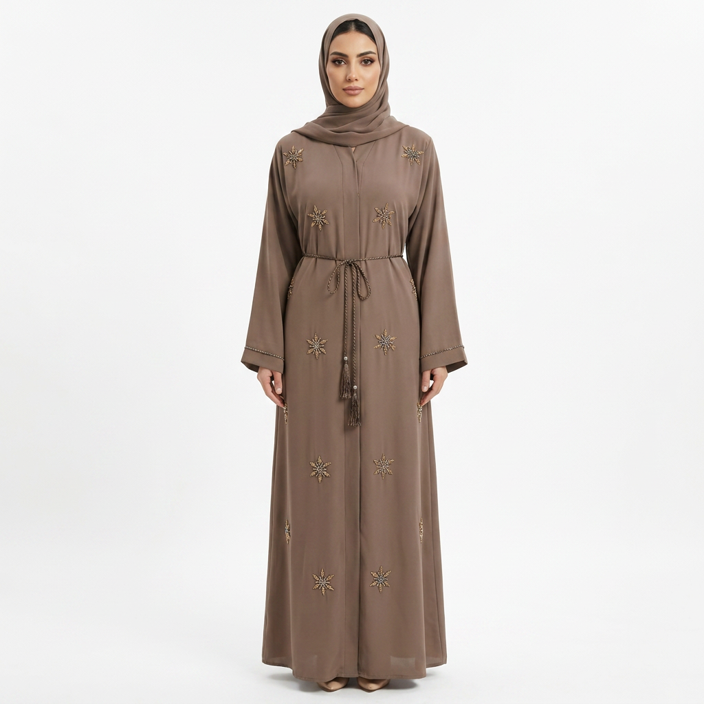 Taupe Gold Silver Starburst Scattered Belted Abaya