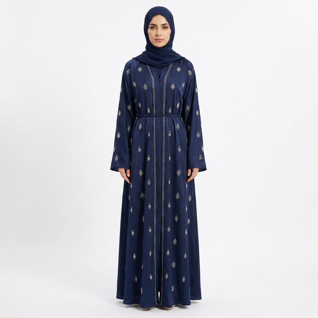 Navy Blue Gold Scattered Motif Crystal Embroidered Open Abaya with Rope Belt