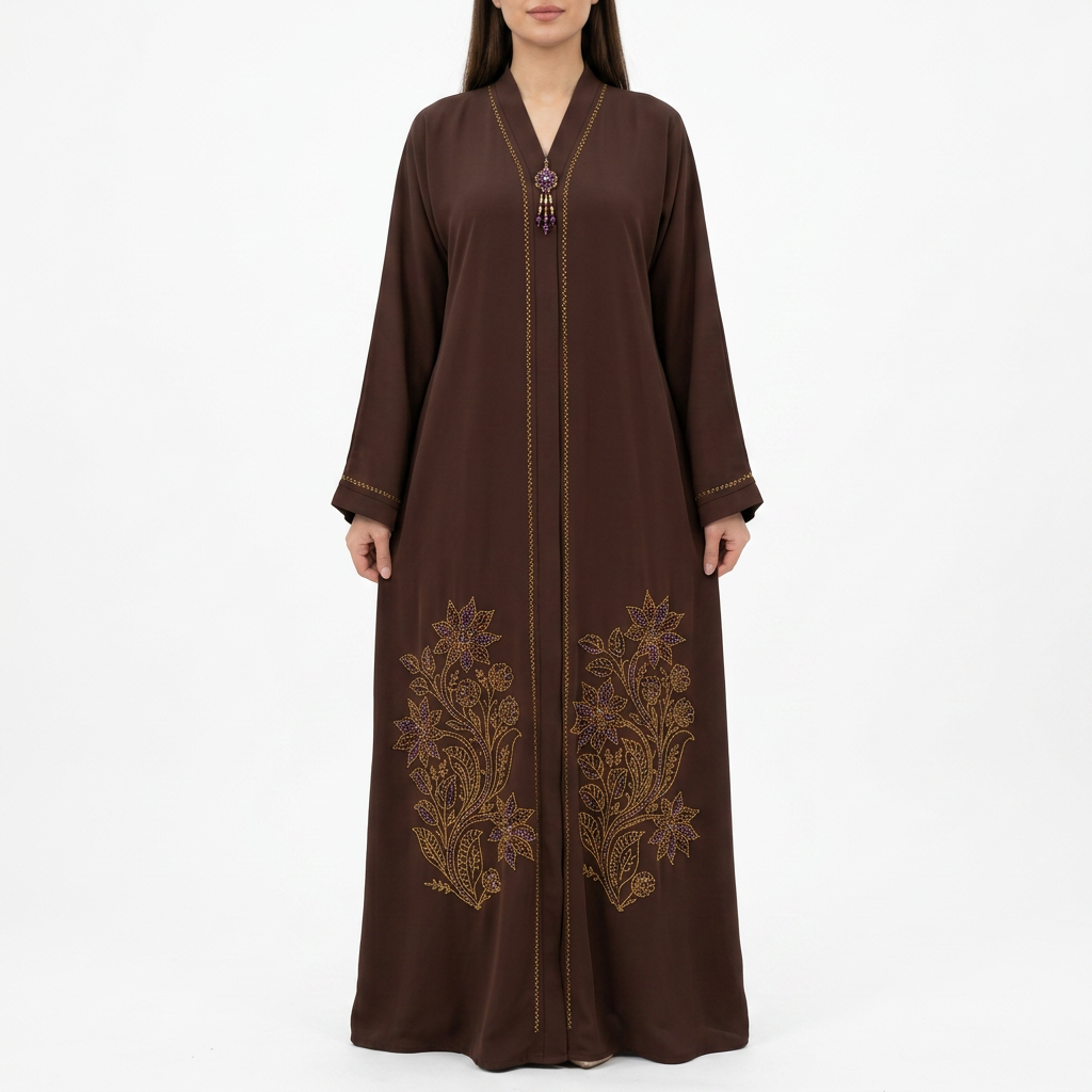 Dark Brown Gold Purple Lily Bouquet Hem Abaya
