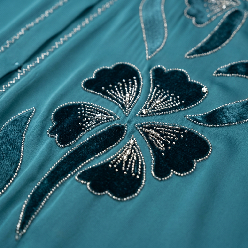 Teal Blue Satin Tonal Iris Ruffle Sleeve Abaya