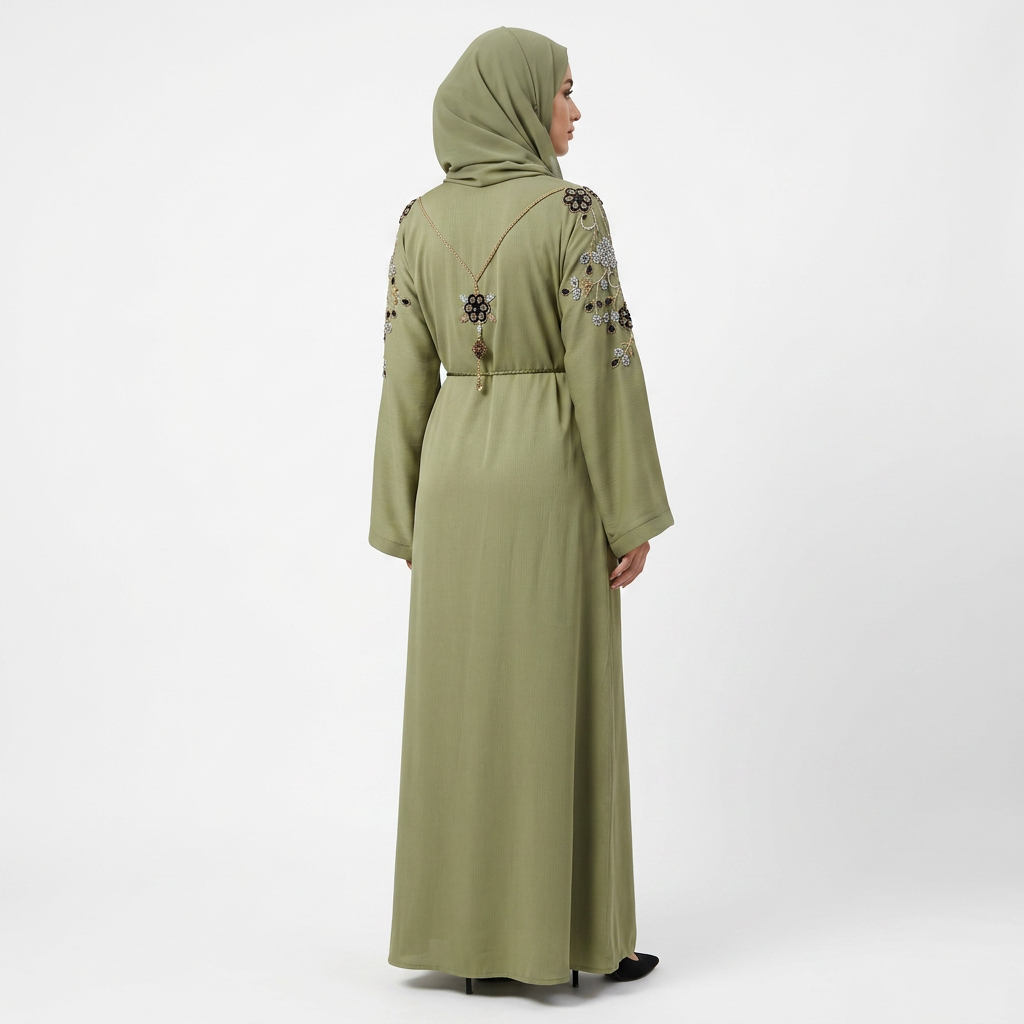 Sage Green Crystal Floral Embroidered Abaya with Back Chain Necklace Detail