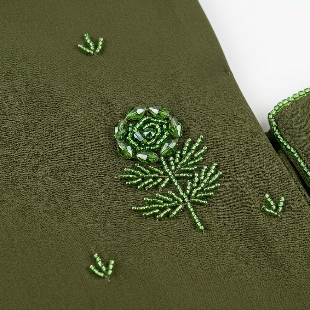 Olive Green Tonal Leaf Tree Scattered Abaya