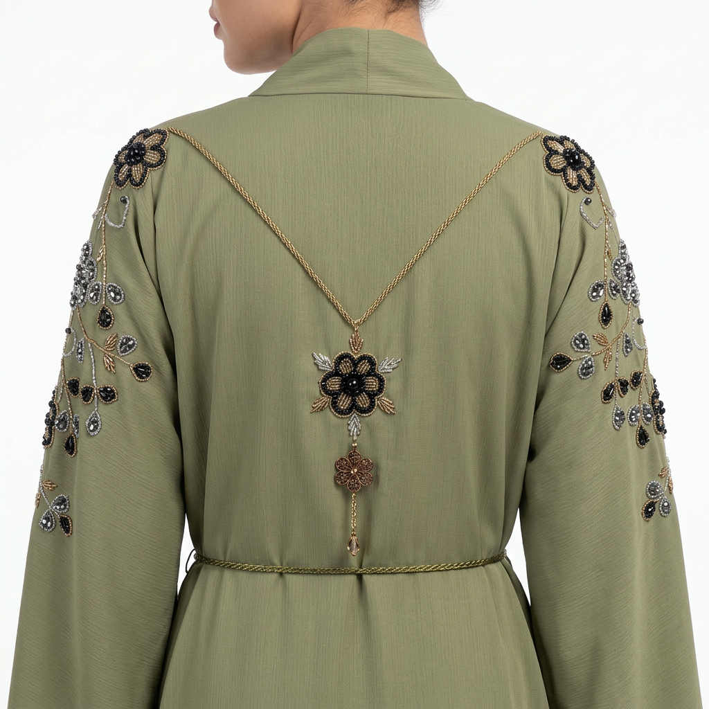 Sage Green Crystal Floral Embroidered Abaya with Back Chain Necklace Detail