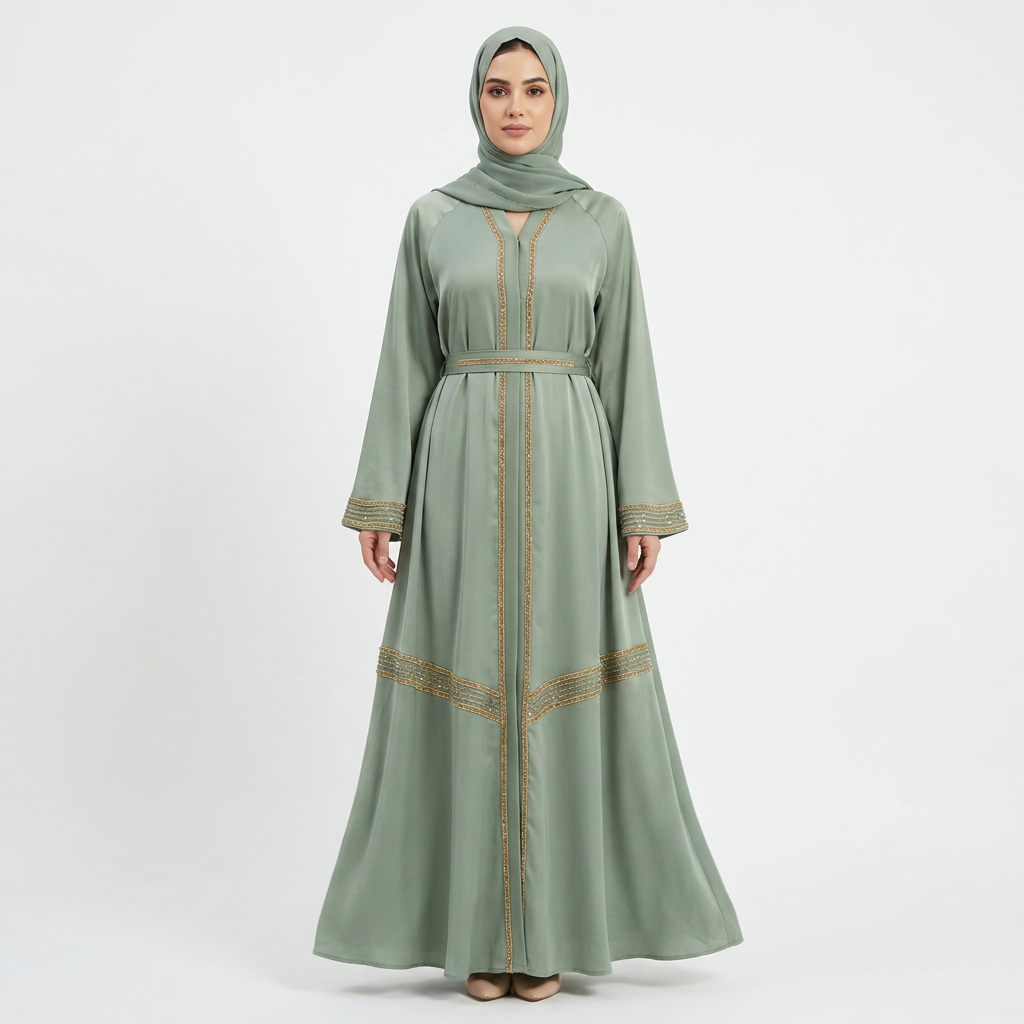 Mint Green Gold Beaded Trim Panel Open Abaya with Belt